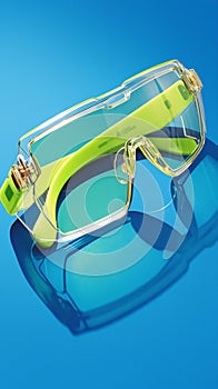 Safety eyewear focus Technological green glasses isolated on blue background