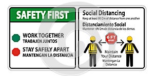 Safety First Bilingual Social Distancing Construction Sign Isolate On White Background,Vector Illustration EPS.10
