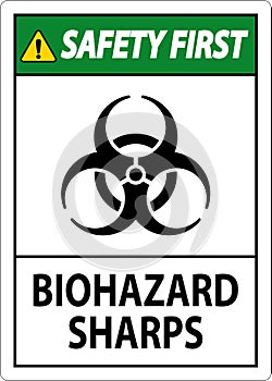 Safety First Biohazard Label, Biohazard Sharps