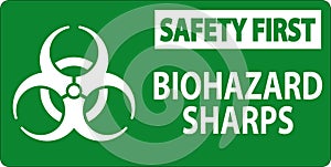 Safety First Biohazard Label, Biohazard Sharps