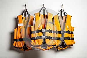 Safety First Colorful Life Jackets Ready for Water Adventures on White Background. created with Generative AI