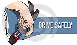 Safety First concept. Seat Belt. Man fasten buckle hands