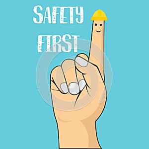 Safety first finger pointing wearing helmet vector illustration concept