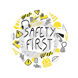 Safety first handwritten phrase clipart with PPE and safety tools photo