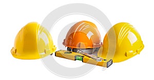 Safety first hard helmet hat and engineer tool with copy space, engineering construction and architecture concept