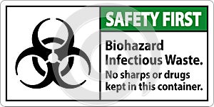 Safety First Label Biohazard Infectious Waste, No Sharps Or Drugs Kept In This Container