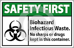 Safety First Label Biohazard Infectious Waste, No Sharps Or Drugs Kept In This Container