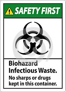 Safety First Label Biohazard Infectious Waste, No Sharps Or Drugs Kept In This Container