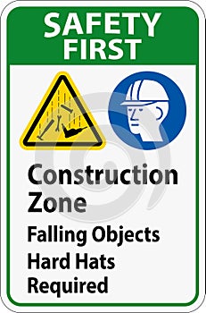 Safety First Sign, Construction Zone, Falling Objects Hard Hats Required