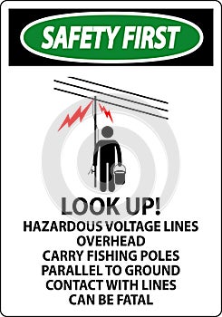 Safety First Sign Look Up Hazardous Voltage Lines Overhead