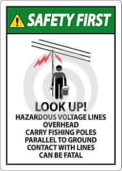 Safety First Sign Look Up Hazardous Voltage Lines Overhead