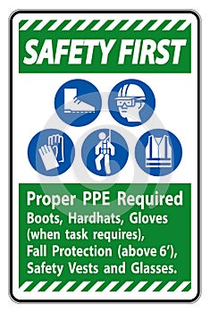 Safety First Sign Proper PPE Required Boots, Hardhats, Gloves When Task Requires Fall Protection With PPE Symbols