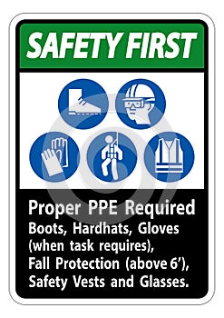 Safety First Sign Proper PPE Required Boots, Hardhats, Gloves When Task Requires Fall Protection With PPE Symbols