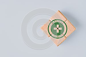 Safety first sign, work safety, caution work hazards, danger surveillance, zero accident concept Green safety first symbol on