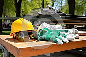 safety gear including helmet, gloves, and protective goggles on a bench