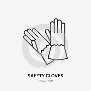 Safety gloves flat line icon. Protective work clothes sign. Thin linear logo for protection equipment store