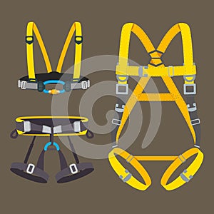 Safety harness fall protection set. Climbing, mountaineering, abseiling or rappeling gear. Industrial or construction safety seat