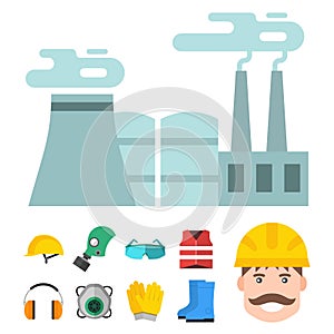 Safety industrial gear tools flat vector illustration body protection worker equipment factory engineer clothing.