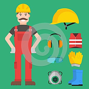 Safety industrial man gear tools flat vector illustration body protection