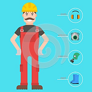 Safety industrial man gear tools flat vector illustration body protection