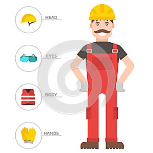 Safety industrial man gear tools flat vector illustration body protection worker equipment factory engineer clothing.