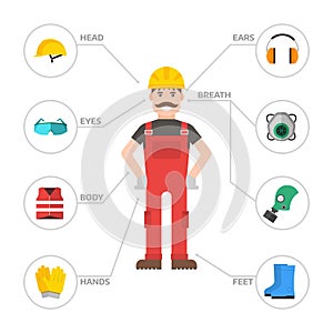 Safety industrial man gear tools flat vector illustration body protection worker equipment factory engineer clothing.