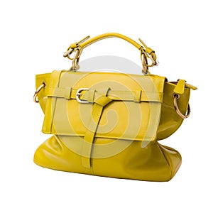 Safety lemon yellow female leather bag isolated on white background.