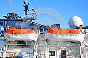 Safety lifeboat on ship deck.