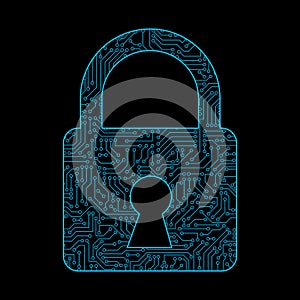 Safety lock icon for protecting password with circuit board pattern texture on black background in digital data code and security