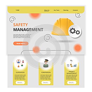 Safety management flat landing page website template. Supervisor, foreperson, project management. Web banner with header