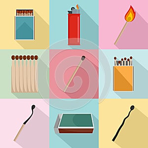 Safety match ignite burn icons set, flat style