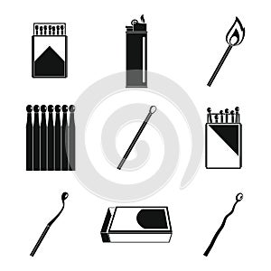 Safety match ignite burn icons set, simple style