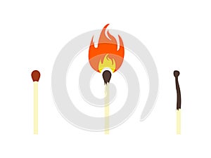 Safety match, lighted match and burnt match icons. Burnout syndrome. Working burnout conception. Vector