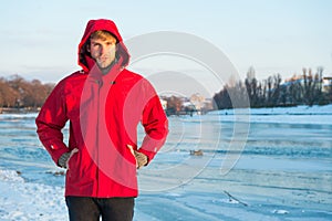 Safety measures. Polar explorer. Winter menswear. Winter outfit. Comfortable outfit. Man warm jacket snowy nature