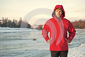 Safety measures. Polar explorer. Winter menswear. Winter outfit. Comfortable outfit. Man warm jacket snowy nature