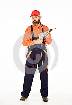 Safety measures. Powerful drill. Buy drill. Toolbox tips drilling and fixing. Man in cap with drills white background