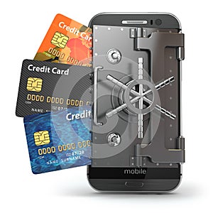 Safety of mobile banking concept. Secure online payment. Smartphone as vault and credit cards.