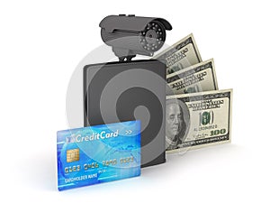 Safety money - bills, credit card, wallet and video surveillance