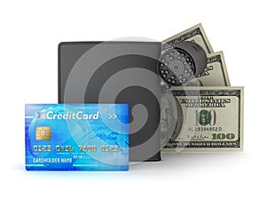 Safety money - credit card, bills, wallet and monitoring camera