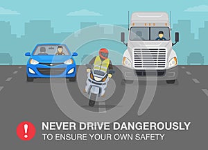 Safety motorcycle driving rule. Never drive dangerously to ensure your own safety warning poster design.