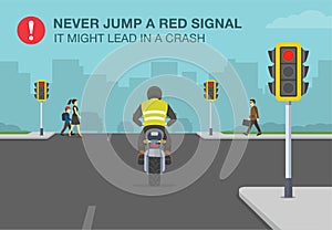 Safety motorcycle driving rule. Never jump a red signal, it might lead in a crash warning poster design. photo