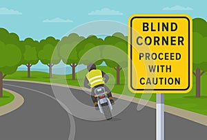 Safety motorcycle driving rules. Cornering or turning bike. Blind corner, proceed with caution warning traffic or road sign.