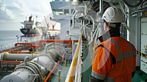 Safety officer conducting a routine inspection on an industrial ship deck