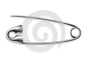 Safety pin icon. Metal sewing tool for fasten pieces of clothing together. Vector design of opened silver or stainless