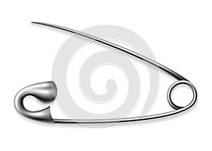 Safety pin icon. Metal sewing tool for fasten pieces of clothing together. Vector design of opened silver or stainless