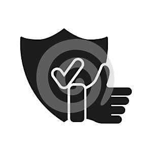 Safety And Protection Silhouette Icon. Thumb Up And Shield Glyph Pictogram. Safe Service Solid Sign. Approved Security