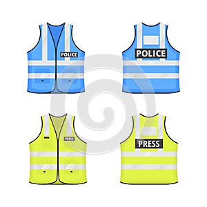 Safety reflective vest with labes tag flat style design vector illustration set.