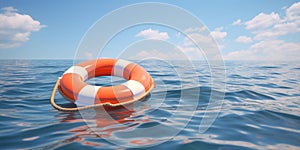 Safety Ring On Calm Ocean Water. Concept Of Rescue. Marine Safety Equipment. Life Ring Floating In Blue Sea. Generative AI