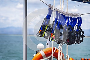 Safety ring and snorkeling goggles on the yacht near the beach Playa Ancon near Trinidad