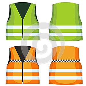 Safety road vest, waistcoat with reflective stripes vector set